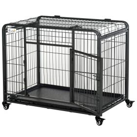 Metal Dog Crate 37" Heavy Duty Folding Kennel with Removable Tray Cover 4 Wheels Gray