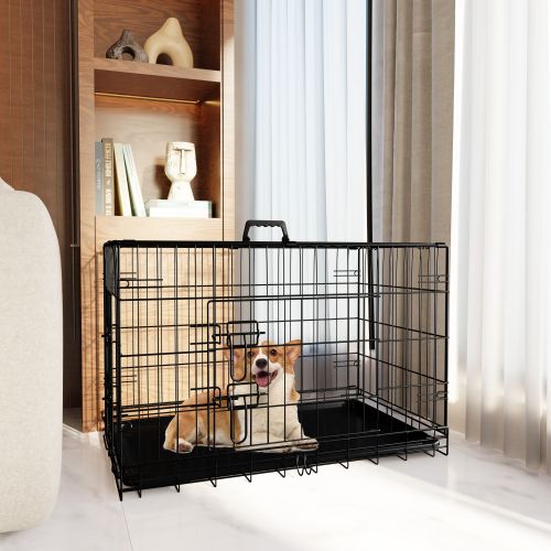 Dog Crate, 30 Inch Medium Dog Cage with Divider and Plastic Leak-Proof Pan Tray, Double Door Folding Metal Wire Cage for Indoor, Outdoor, and Travel Dog Crate, 30 Inch Medium Dog Cage with Divider and Plastic Leak-Proof Pan Tray, Double Door Folding Metal Wire Cage for Indoor, Outdoor, and Travel
