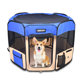 JESPET Soft Sided Portable Pet Playpen with Carry Bag (Color: Blue, size: 45x45x24 Inch)