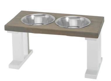 Farmhouse Elevated Dog Feeder with 2 Stainless Steel Bowls (Color: White/Gray, size: 12 Inch)