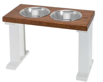 Farmhouse Elevated Dog Feeder with 2 Stainless Steel Bowls (Color: White/Chestnut, size: 16 Inch)