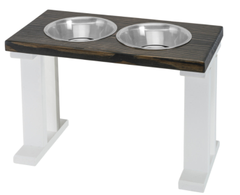 Farmhouse Elevated Dog Feeder with 2 Stainless Steel Bowls (Color: White/Ebony, size: 16 Inch)