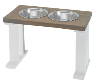 Farmhouse Elevated Dog Feeder with 2 Stainless Steel Bowls (Color: White/Gray, size: 16 Inch)