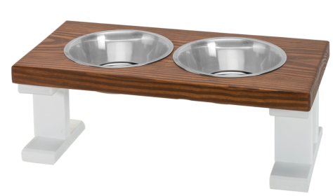Farmhouse Elevated Dog Feeder with 2 Stainless Steel Bowls (Color: White/Chestnut, size: 8 Inch)