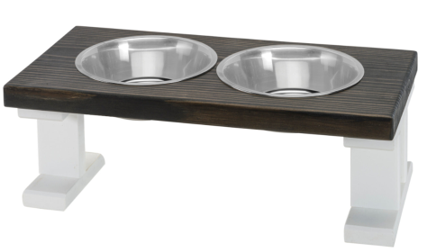 Farmhouse Elevated Dog Feeder with 2 Stainless Steel Bowls (Color: White/Ebony, size: 8 Inch)