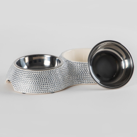 Hello Doggie Pearl Double Dog Bowl (Color: Silver, size: One Size)