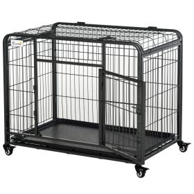 PawHut Folding Design Heavy Duty Metal Dog Cage Crate & Kennel with Removable Tray and Cover, & 4 Locking Wheels, Indoor/Outdoor 37" (Color: AS PIC)