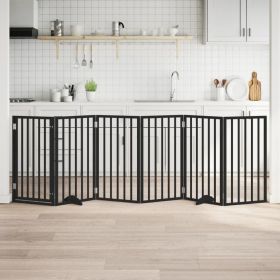 Dog Gate with Door Foldable 6 Panels Black 118.1 " Poplar Wood (Color: Black)